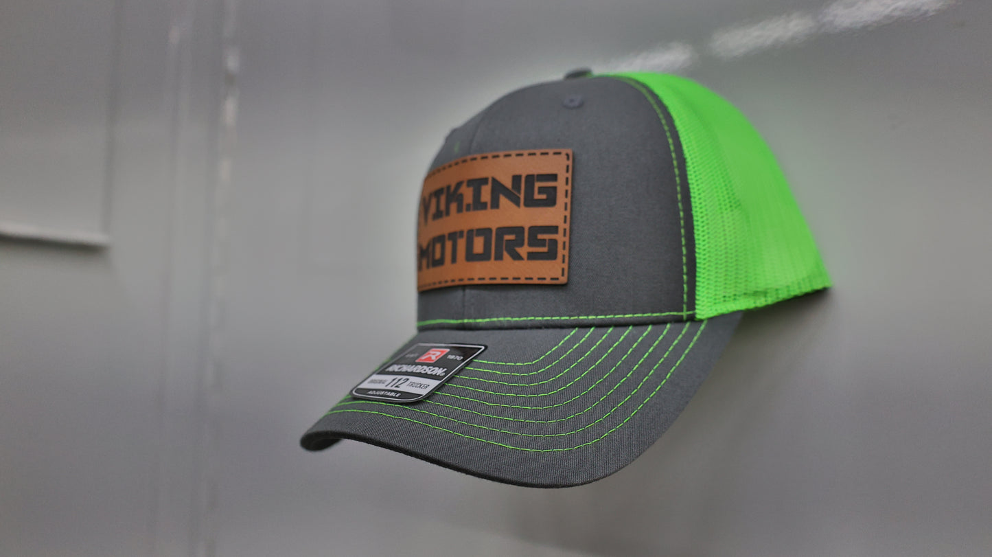 Viking Motors Leather Patch Hat 112 Split: Charcoal/Neon Green